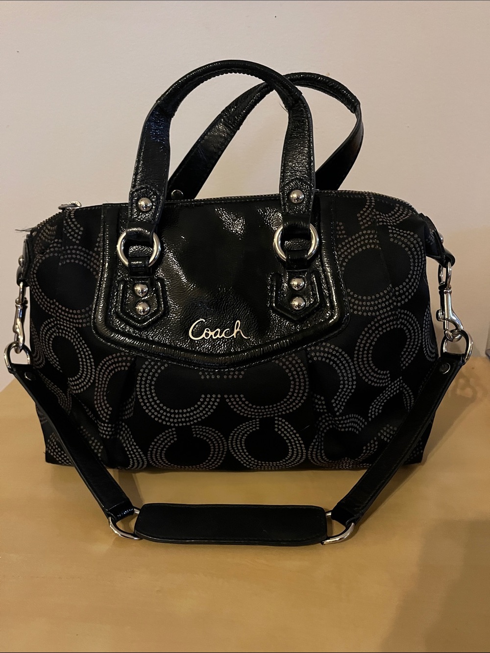 Coach Black Signature Satchel with Glossy Trim